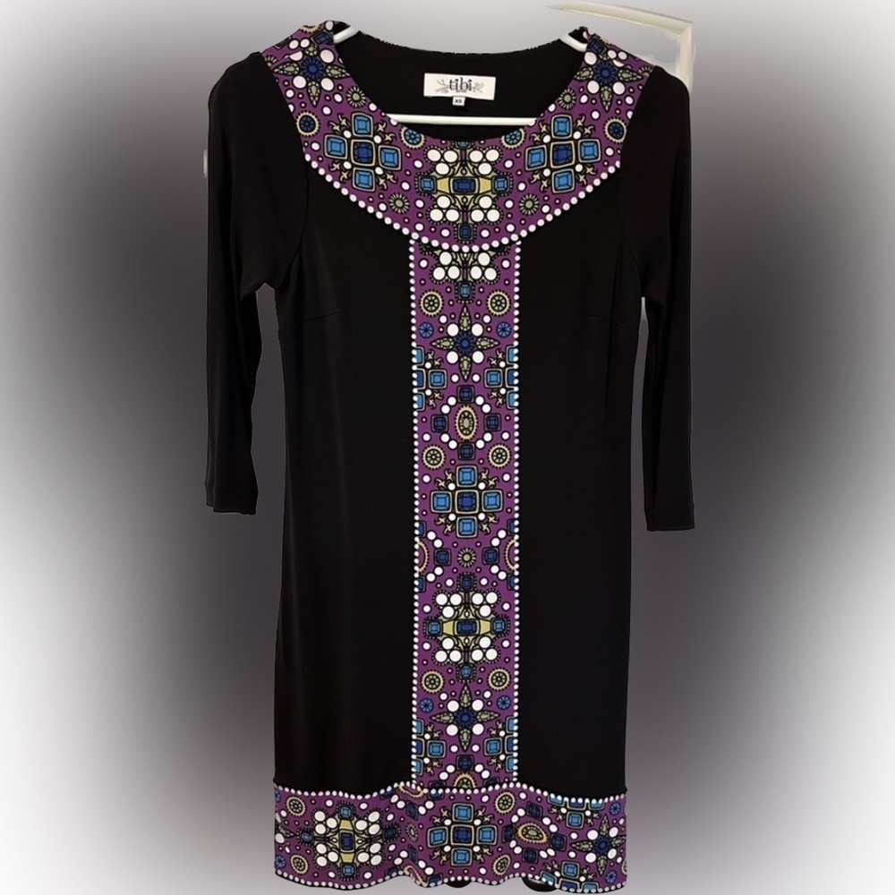 TIBI New York - 3/4 Sleeve Black Shift Dress Boat Neck Jewel Print Size XS